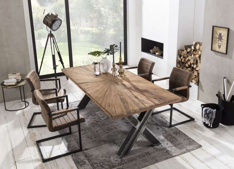 Masă de dining Freya Teak, 76x100x240 cm, lemn reciclat/ metal, maro/ negru